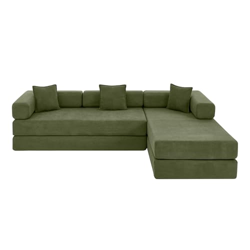 Image of HANXIN 108 inch Modular Sectional Sofa, Futon Convertible Sofa Bed,Oversized Corduroy Boneless Couch for Living Room,Floor Loveseat Sleeper with Pull Out Bed,Free Combination,No Assembly Required (Green)