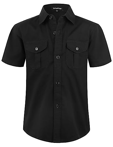 Spring&Gege Boys' Short Sleeve Button Down Shirts for Kids Woven Solid with Two Pockets