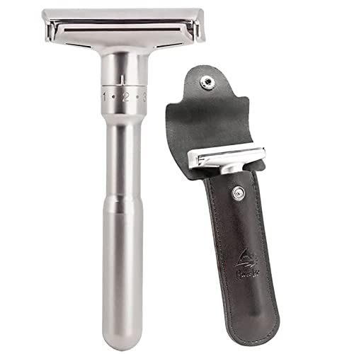 Travel Double Edge Safety Razor, River Lake RZ700 Long Handle Adjustable Classic Safety Shaver Razor (Razor with Protective Case,Black)