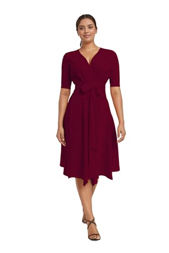 Image of Comfortable Dresses for Women Stretchy Flattering Fit Wrap Dress V Neck Short Sleeve Tie Waist Daily Wear Work Vacation
