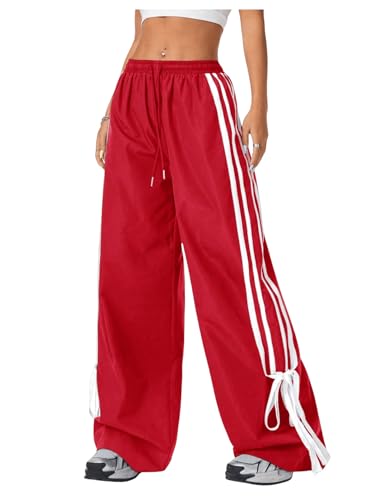 BEAUDRM Women's Y2K Baggy Bow Wide Leg Pants Striped Track Elastic Waist Long Sweatpants Parachute Pants Light Red Medium