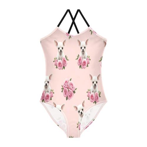 Cute Puppies Roses Kids Swimwear Girls, Summer Beach Swimwear, 3-10