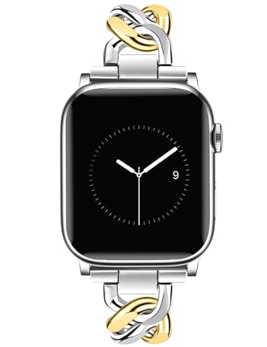 JR.DM Silver Gold Watch Bands for Women Compatible with Apple Watch 38mm 40mm 41mm 42mm(S10/11) Adjustable Metal Cowboy Single Chain Bracelet for iWatch Series 11/10/9/8/7/6/5/4 SE 3/2/1(No Case)