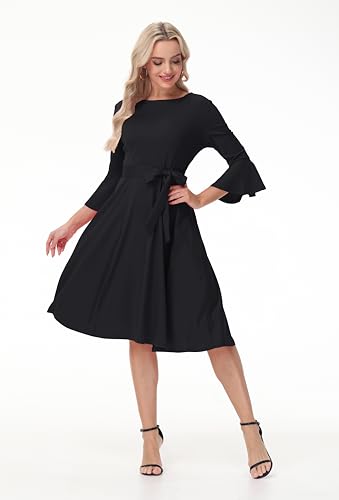 Image of Hostoyo Church Dress for Women Wedding Guest Cocktail Party Dresses Evening Prom Formal Modest Gowns Crew Neck Bell Sleeve