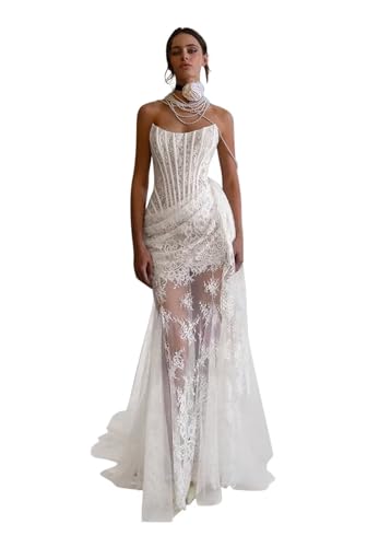 Zeeyecie Ivory Strapless Corset Boho Wedding Dresses for Brides Tulle Lace Applique Sequined Mermaid Backless Sexy Bridal Gowns with Detachable Train 2025 US8