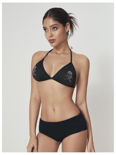 WDIRARA Women's Goth Skull Triangle Halter Bikini Top Rhinestone Tie Back Swimsuit Tops Swimwear4