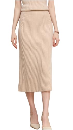 ebossy Ribbed Pencil Skirt for Women Elastic Waist Wool Blend Business Casual Knit Midi Skirt