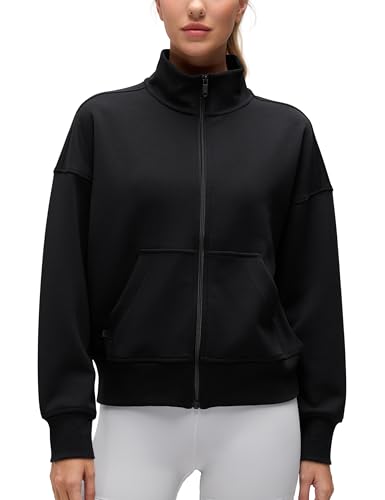 CRZ YOGA SoftAura Full Zip Sweatshirt for Women - Workout Casual Zipper Funnel Neck Sweat Shirts Jackets with Pockets Black Medium