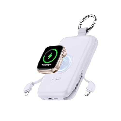 RORRY Portable Charger, 10000mAh PD 20W Fast Charging Portable Charger Power Bank with Built in Cables, Travel Battery Pack for iPhone 17/16/15/14/13/12 and Apple Watch Ultra/11/10/9/8/7/6/5