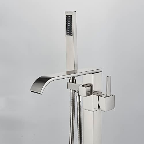 Freestanding Bathtub Faucet Brushed Nickel Tub Filler Floor Mount Single Handle Brass Tap with Handheld Shower and Swivel Mixer Spout