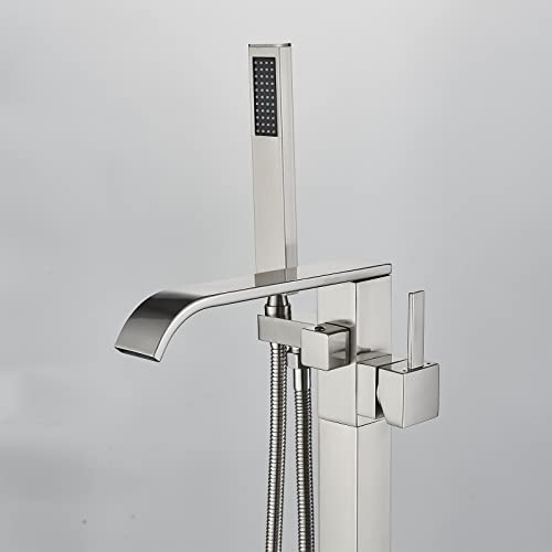 Freestanding Bathtub Faucet Brushed Nickel Tub Filler Floor Mount Single Handle Brass Tap With Handheld Shower And Swivel Mixer Spout #TOP2