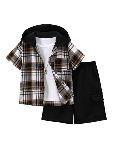 Fdqin Boys Outfits Sets Plaid Short Sleeve Hoodie and Cargo Shorts Boy 2 Pcs Clothes for Summer School Beach Black 7-8 Years