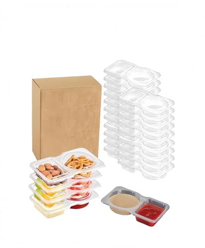 20-Pack Snack Containers with Lids, Disposable Double Compartment Sauce Cups, Portable Plastic Boxes for Snacks, Dips, Meal Prep, Portion Control, School, Office, Camping & Travel