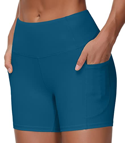 Image of THE GYM PEOPLE High Waist Yoga Shorts for Women's Tummy Control Fitness Athletic Workout Running Shorts with Deep Pockets