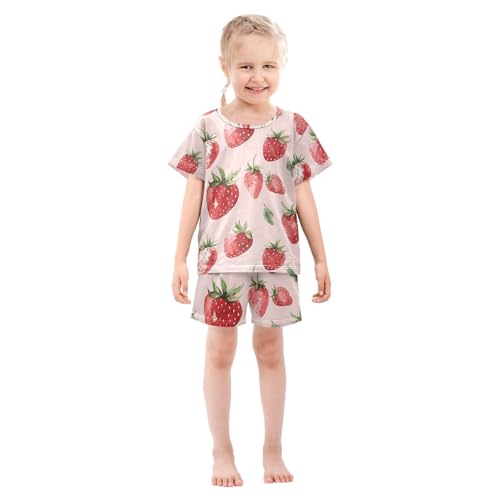 ALAZA Strawberry Watercolor Hipster Pajamas Set Short Sleeve Cotton Sleepwear Summer Pjs 2 Piece 5-14Y3