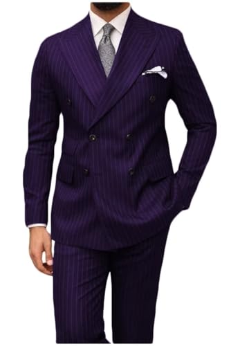 Mens 2 Piece Double Breasted Suit Stripe Slim Fit Formal Wedding Prom Tuxedo Suits Blazer Pants Set UOU68