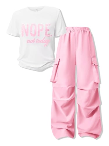 Voxikidio Little Girls Clothes Letter Print Short Sleeve Tops Cargo Pants Spring Fall Kids Clothes Girls Size 10-12 (Pink Size 11-12)