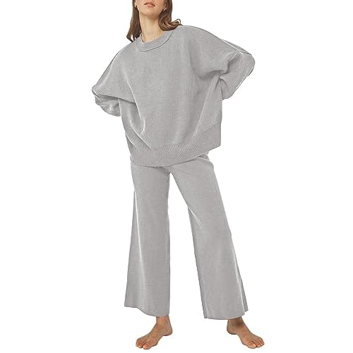 Pink Queen Women's 2 Piece Outfits Sweater Sets Knit Pullover Tops And Wide Leg Pants Loose Tracksuit Lounge Set Large Gray