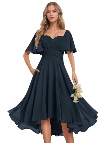 Sweetheart High Low Bridesmaid Dresses for Women Short Sleeve A-Line Chiffon Formal Party Gowns with Pockets
