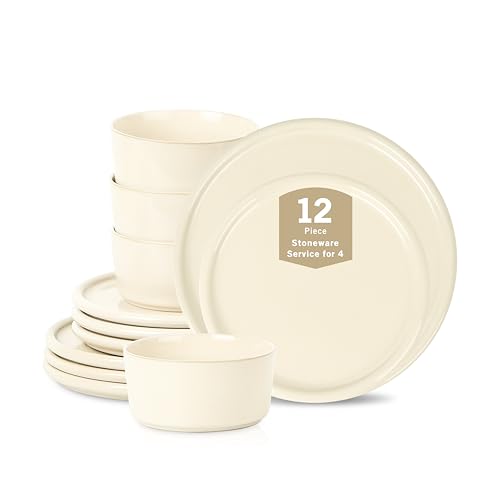 Stone Lain Eden 12-Piece Dinnerware Set Stoneware, Plates and Bowls Set, Dishwasher and Microwave Safe Dish, Dish Set for 4, Beige