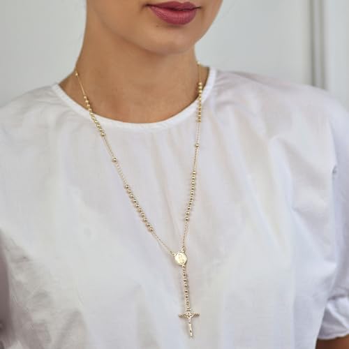Bling Jewelry Catholic Christian Prayer Rosario Ball Beads Crucifix Cross Catholic Jesus Virgin Mother Mary Rosary Beads Necklace For Women Teen 18K Gold Plated Brass3