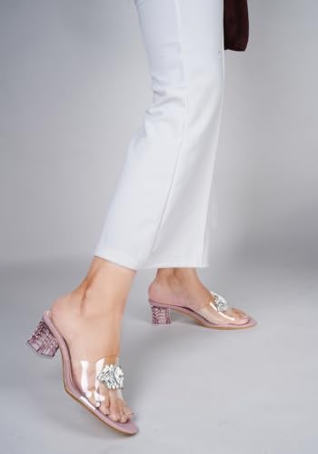 Image of TRYME Embellished Front Studded Buckle Block Heels Comfortable Transparent Party Kitten Heel for Womens & Girls
