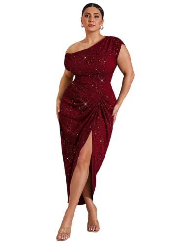 Image of Floerns Women's Plus Size Asymmetrical Neck Long Dress Ruched Slit Hem Cocktail Dress