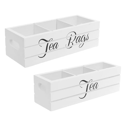 Tcwhniev 2 Pcs Tea Bag Box Wood Tea Bag Organizer with 3 Compartment, Decorative Sugar Packet Holder for Kitchen Countertop Office Desk Cabinet(white,2)
