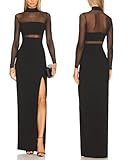 Aigeman Women See Through Mesh Long Sleeves Maxi Dress Turtleneck Bodycon Long Dresses Side Slit Cocktail Party Dress 451(X-Small,Black)