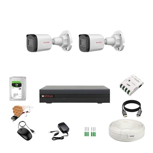 Image of CP Plus 5MP 4 Channel DVR, 5MP 2 Bullet Cameras (Audio Recording) [Night Vision + Built-in MIC Audio + Crystal IR LEDs + Motion Detection] + 1 TB HDD + 4 CH SMPS + CCTV Cable + BNC /DC