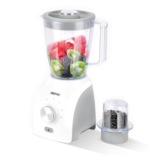 GEEPAS 2-in-1 Food Jug Blender | 1.8L Juice Jar & 60G Mini Coffee Spice Mill | 6-Leaf Stainless-Steel Blades 3 Speed & Pulse Smoothie Maker Turbo Button for Ice Crushing Overheat Protection 600W White