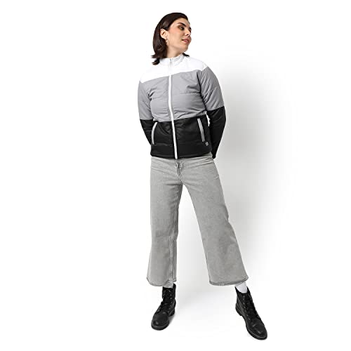 Image of Campus Sutra Women Grey Colour-Blocked Puffer Regular Fit Bomber Jacket For Winter Wear | Standing Collar | Full Sleeve | Zipper | Casual Jacket For Woman & Girl | Western Stylish Jacket For Women