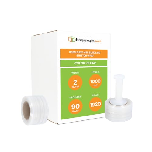 PSBM Stretch Wrap with Handle, 1920 Pack, 2 Inch x 1000 Feet, 90 Gauge, Clear Plastic Cling, Mini Hand Shrink Film for Pallet Moving Packing