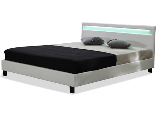 Habitat et Jardin - Lit Double Maria en Simili Blanc avec LED Intégrées 140 x 190 cm | Cadre de Lit 2 Places Design | Sommier à Lattes Inclus