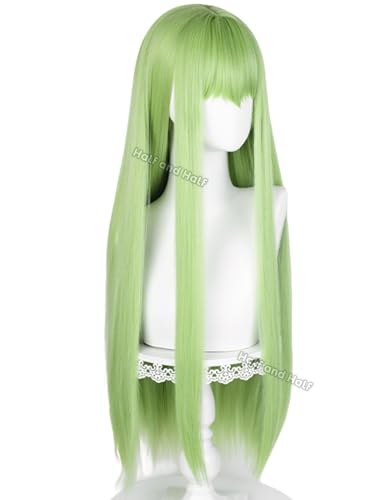 Image of Half and Half Long Straight Green Anime Cosplay Wig Deep Green Women's Wigs with Bangs 31.5'' Green Wig for Halloween Party Costumes
