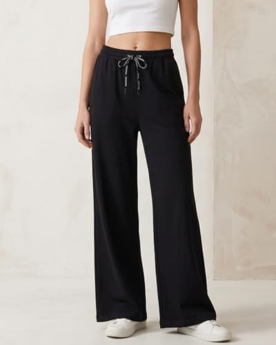 Image of Women's Wide Leg Track Pants with Elastic Waist & Drawstring | Soft Breathable Relaxed Fit Trousers | Casual Lounge Travel Wear for Women & Girls
