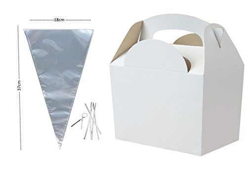 x10 Birthday Party Food Plate Boxes With Clear Sweet Cone Bags And Tie (White)