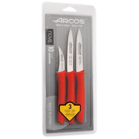 ARCOS 3 Pieces Paring Knife Set. 3 Peeling Knives of Stainless Steel and Ergonomic Polypropylene Handle for Cutting Fruits, Vegetables and Tubers. Series Nova. Color Red Cover