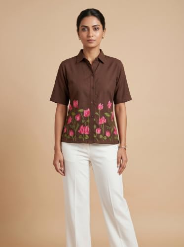 Image of Stylish Women's Embroidered Shirts | Geometric Pattern Half Sleeve Collared Button-Up Casual Shirt for Women