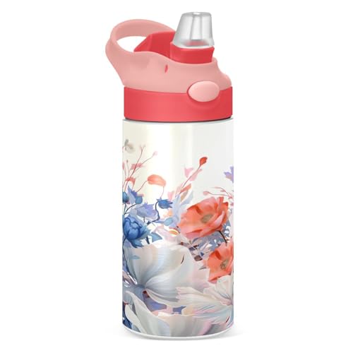Waassud Botella de agua aislada con pajilla, botellas de agua de acero inoxidable a prueba de fugas para verano, floral, 12 onzas