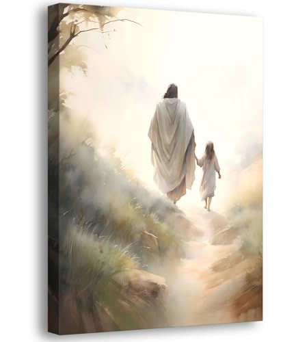 Image of Framed Jesus Wall Art Picture Christian Canvas Poster Prints Follow Me Painting Wall Decor for Living Room Kids Room Bedroom 12x16in