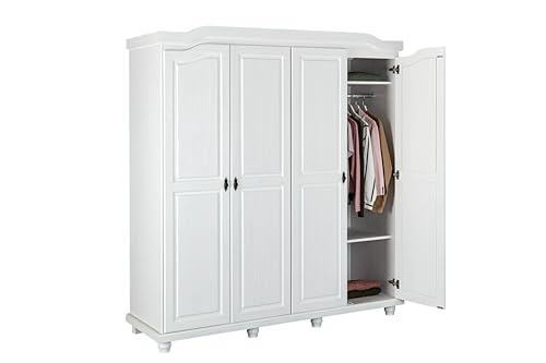 Inter Link – Grande Armoire Fonctionnelle – 4 Portes – 4 niches – 2 penderies – Armoire en pin Massif – Blanc Vernis – Largeur :183cm Profondeur...