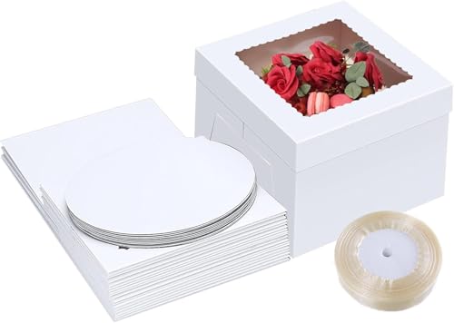 Aslanka Lot de 10 boîtes à gâteaux avec Carton,25,4x25,4x20,3cm Boite Transport Gateau avec Fenêtre, Boite Layer Cake avec Ruban boîtes à gâteaux Blanches, Patisserie pour Gateau et Biscuits