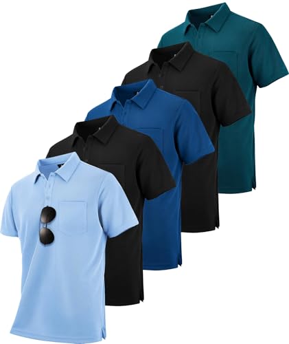 Image of SCODI 5 Pack Mens Pocket Polo Shirts Short Sleeve Golf Casual Work T-Shirt