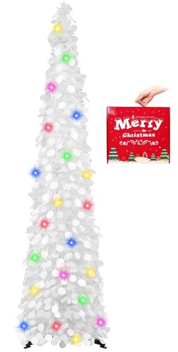 MACTING Pop Up Christmas Tree with 50 LED Lights Timer 5FT White Collapsible Tinsel Pencil Tree Easy-Assembly Coastal Glitter Artificial Tree for Porch Apartment Corner Home Party Xmas Decorations