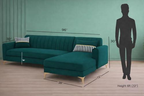 Image of Adorn India Premium Luster 8 Seater L Shape Sofa Set with 2 Puffy & 1 Center Table | Velvet Suede Fabric | 3-Year Warranty | RHS | Ocean Blue with Golden Legs & Striped Pattern Cushion