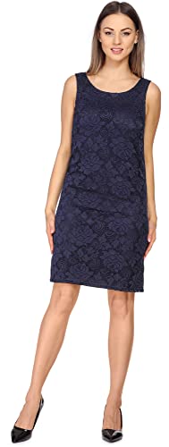 Bellivalini Damen Kleid Knielang Spitzenkleid festlich Sommerkleid ohne Ärmel Rose Muster Rundhals BLV50-260 (Dunkelblau, S)