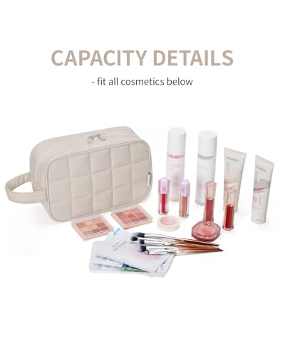 Image of Narwey Quilted Makeup Bag Puffy Make up Bag Cosmetic Bag Organizer, Puffer Travel Toiletry Bag for Traveling Women Girl, Travel Bag for Toiletries, Skincare Medicine Bags (Beige)