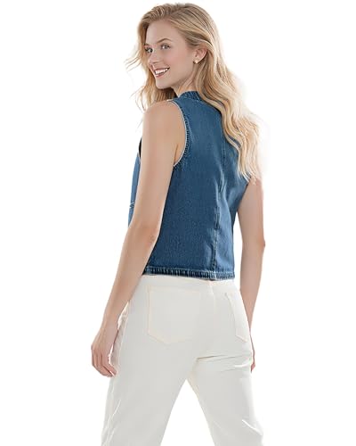 Women's Denim Sleeveless Vest for women, Casual V Neck, Button Front with Pockets for Summer3