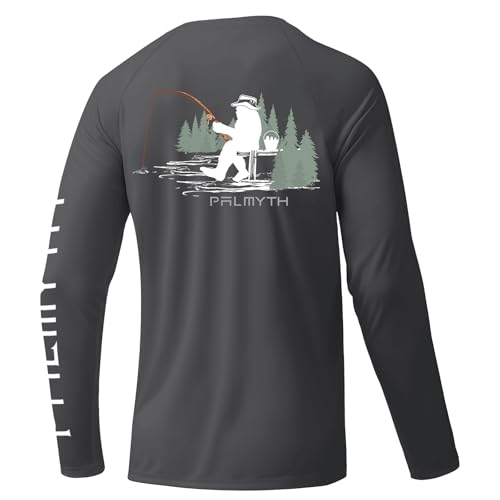 Palmyth Fishing Shirts for Men Long Sleeve UPF 50+ UV Sun Protection T-Shirt Tee Lightweight Quick Dry Stretchy Charcoal Bigfoot Hat M